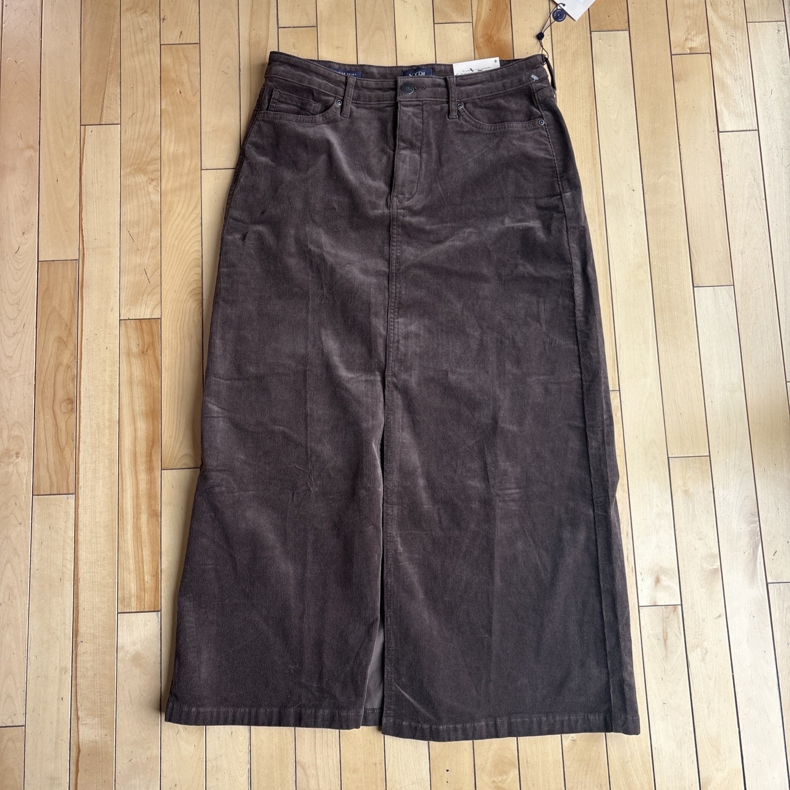Nydj Regular High-Rise Long Corduroy Skirt Coffee Bean 8 New Light Tuck Tech